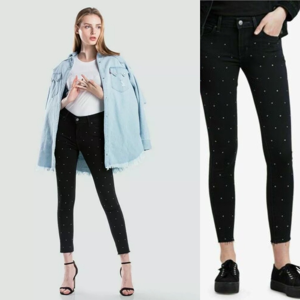 LEVI’S 711 the skinny ankle black denim jeans with gems rhinestones studs 24